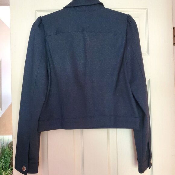 Calvin Klein Womens Cropped Denim Jacket M Buttons Navy Blue Puff Sleeves - Picture 7 of 10